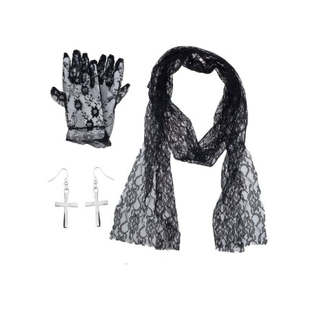 Lux Accessories Black Floral Lace Gloves Scarf Silver Cross 80's Costume