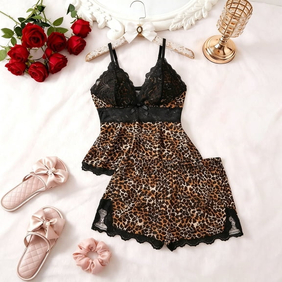 Trendfront Womens 2-Piece Pajama Sleepwear Set V-Neck Spaghetti Strap Sleeveless Cami Top and Shorts Leopard Print with Lace Nightwear Lounge Set