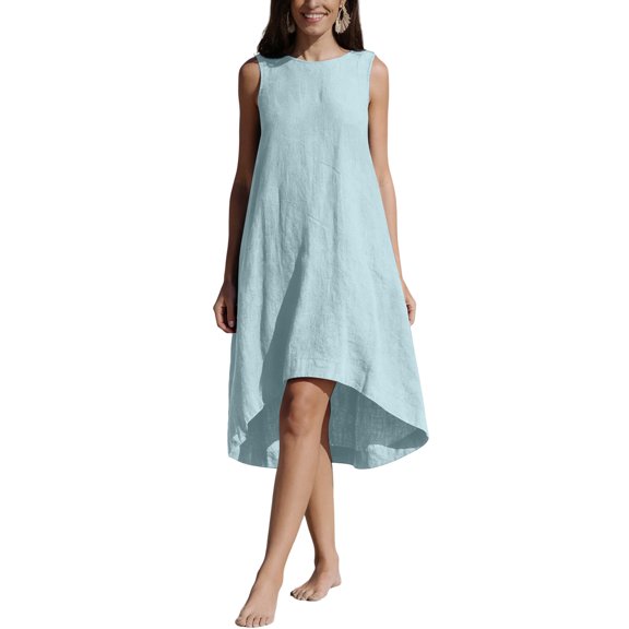 Bbyeadc Linen Sundresses for Women Crew Neck Sleeveless Dresses Midi Loose Solid Color Swing Sundresses Spring Beach Casual ,Blue (XL)