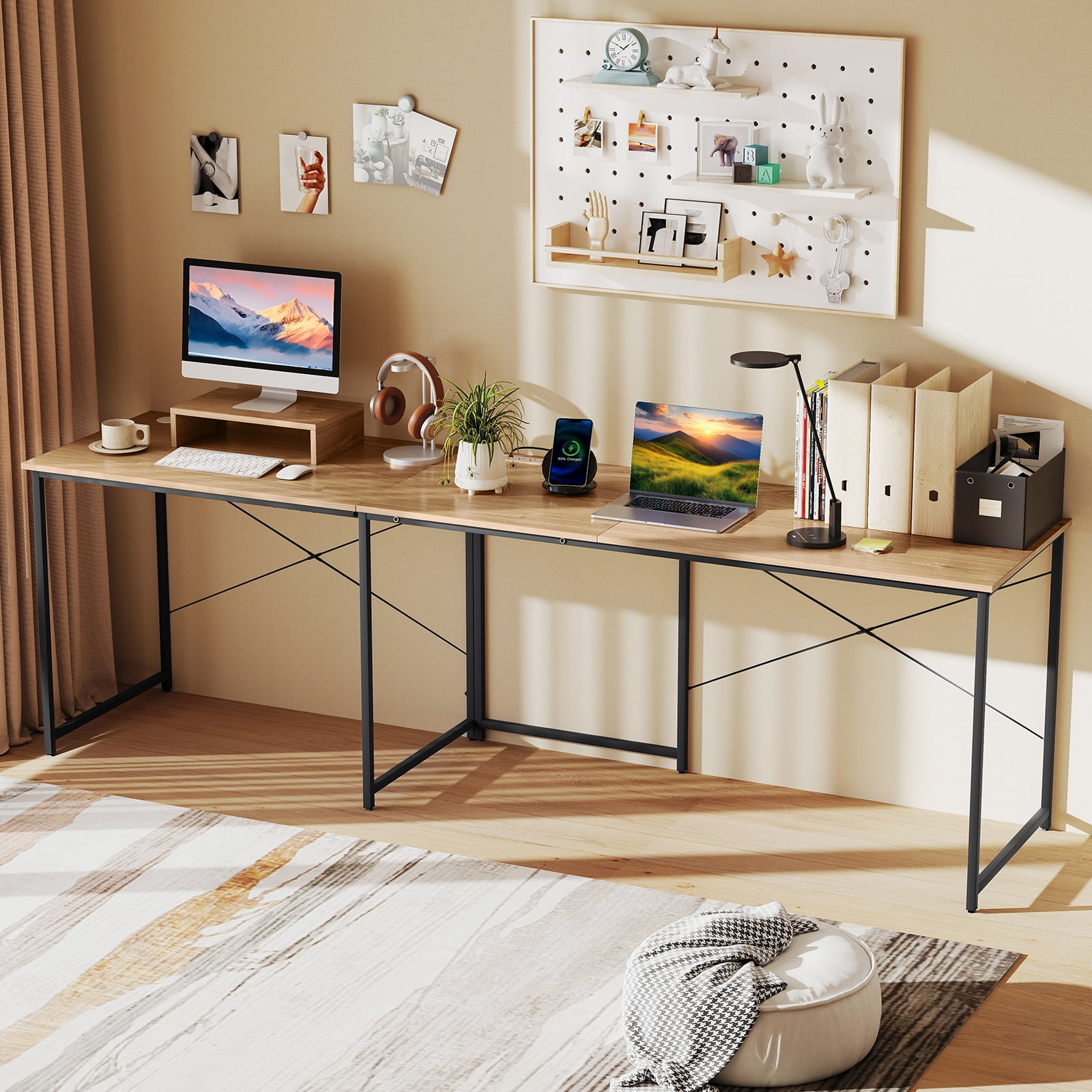 Gymax L-Shaped Reversible Computer Desk 2-Person Long Table w/Monitor Stand Natural