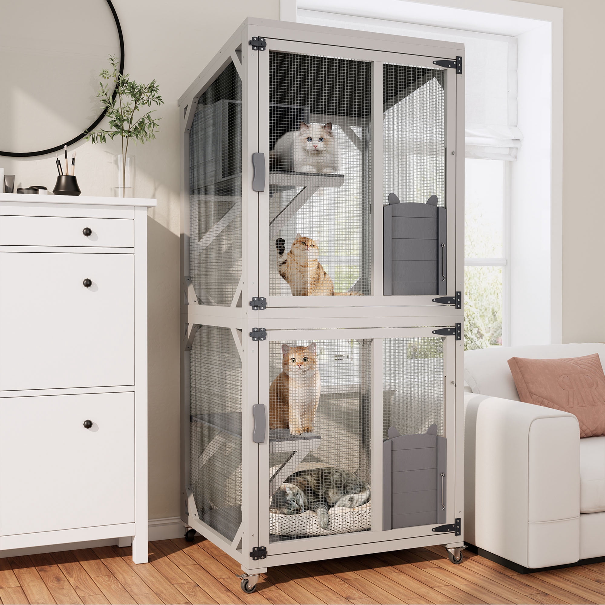 CQSXDA Large Wooden Outdoor Cat Enclosure with Wheels 74.8 Inches Multi-Level Cat House Lockable Doors Removable Tray