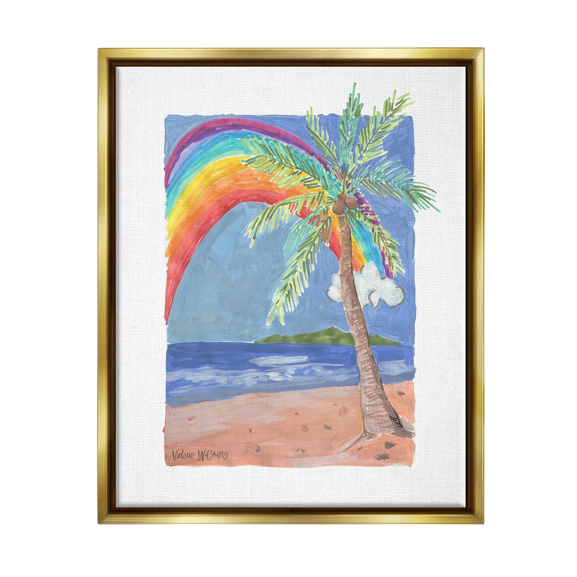 Stupell Industries Whimsical Rainbow Over Beach Tropical Palm Tree Painting Metallic Gold Floating Framed Canvas Print Wall Art, Design by Valerie Wieners