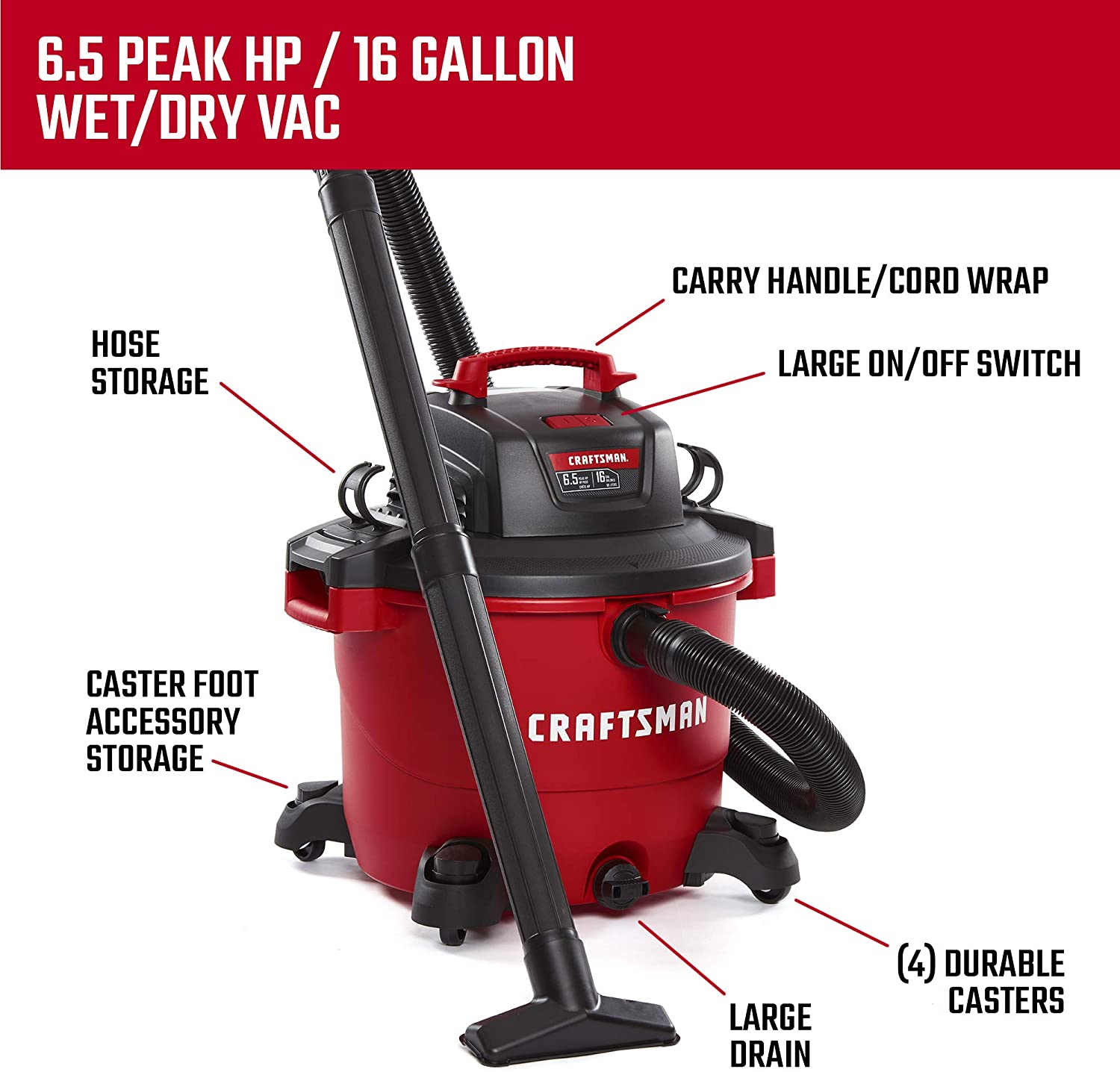 Craftsman CMXEVBE17595 16 Gallon 6.5 Peak HP Wet/Dry Vac, Heavy-Duty Shop Vacuum with Attachments - image 2 of 4