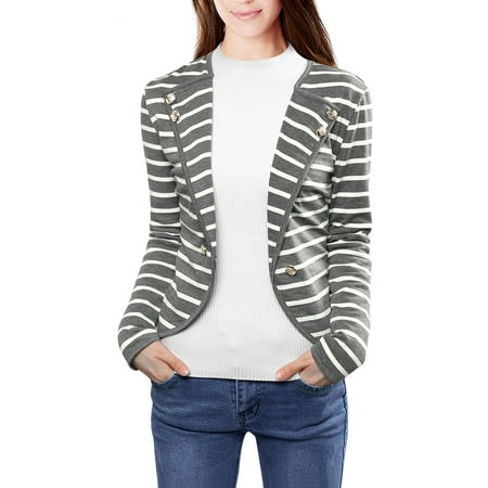 Buttoned Blazer - Women Notched Lapel Button Decor Striped Blazer
