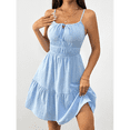 thumbnail image 4 of Robe Courte d'Été pour Femme à Bretelles Spaghetti, Encolure Carrée, Sans Manches, Taille Smockée, à Étages, Fluide, Bleu, TG, 4 of 10