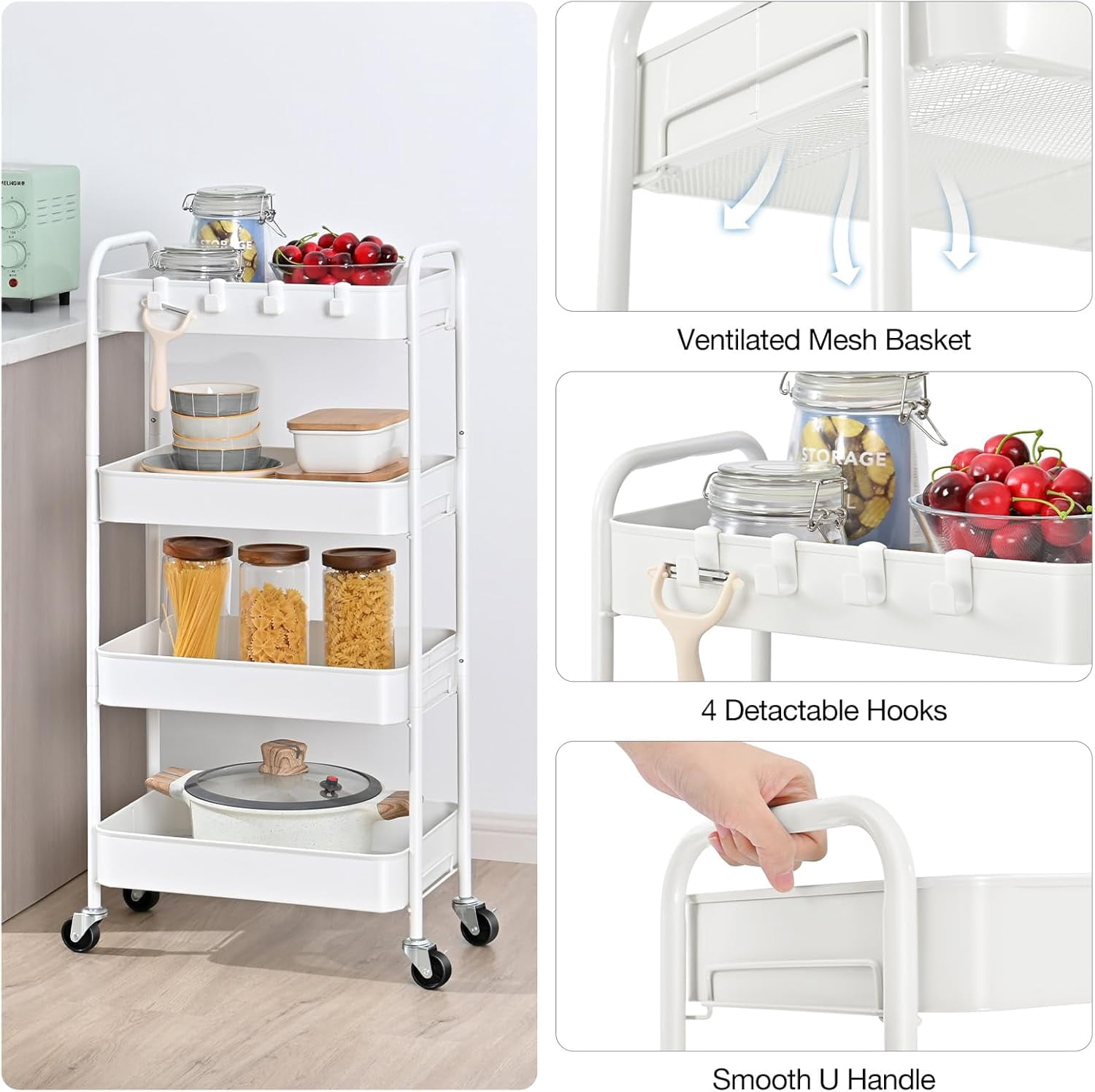 4-Tier Metal Rolling Cart with Wheels, Storage Utility Organizer Cart for Kitchen, Bathroom, Office, Baby Essentials & Makeup - Lockable Casters, Easy Assembly, Large Capacity, White