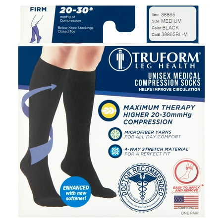 Truform Microfiber Medical Compression Socks 20-30 mmhg Knee High Closed Toe Black Medium