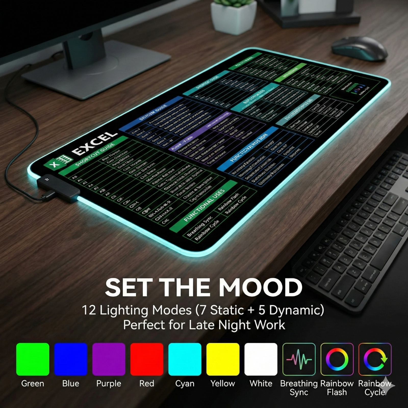 Memzuoix LED RGB Gaming Mouse Pad with Excel & Office Shortcuts photo 3