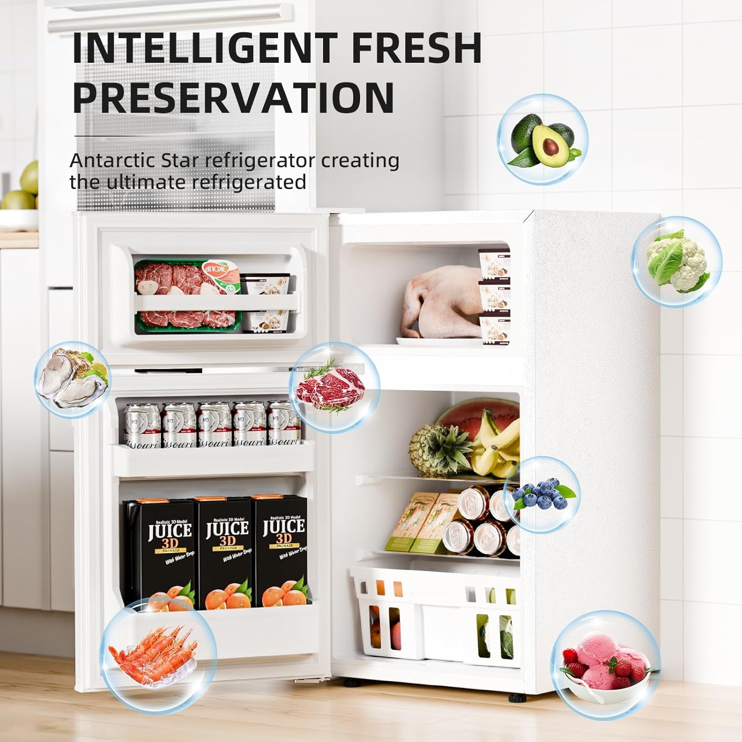 FREE VILLAGE 3.2 Cu.Ft Mini Fridge with Freezer,Compact Mini Refrigerator with Double 2 Door,Adjustable Temperature,Full Size for Home,Kitchen,Dorm,Apartment,Retro White