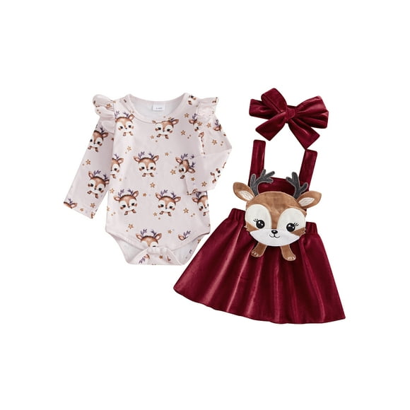 Gupgi 3 Pcs Tenues de Noël pour Bébés Filles avec Renne 0 3 6 9 12 18 Mois Barboteuse à Manches Volantées pour Nourrisson+jupe Salopette Orignal+bandeau