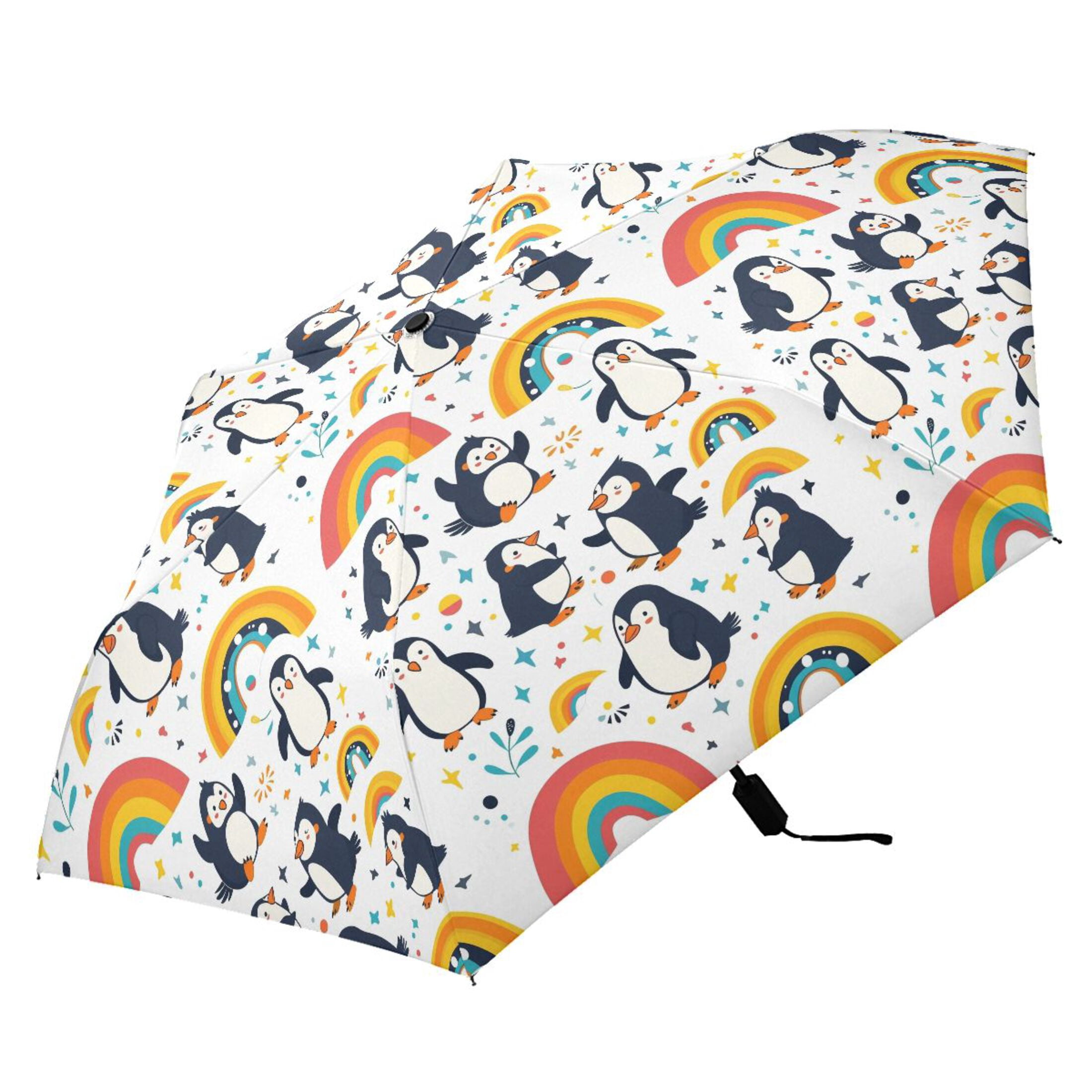 Cartoon Penguins and Rainbow Compact Sun Umbrella Windproof Travel Umbrellas for Rain Strong Portable UV Protection