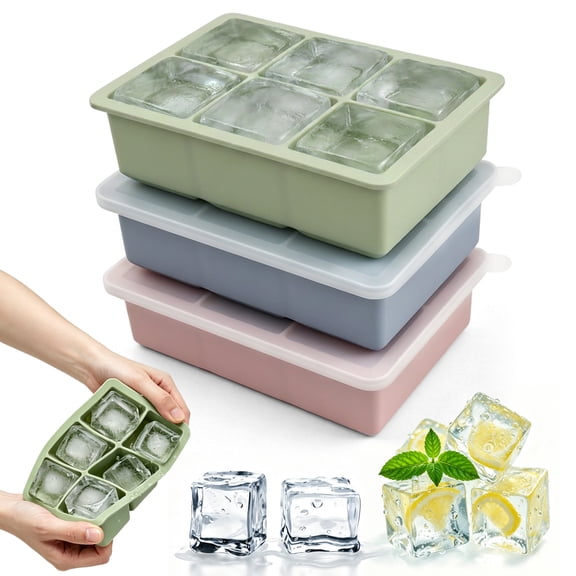 Silicone Ice Cube Tray 3 Pack, Large 6 Big Square Cubes with Removable Lid, Easy Release, BPA Free & Stackable for Whiskey Cocktails Baby Food