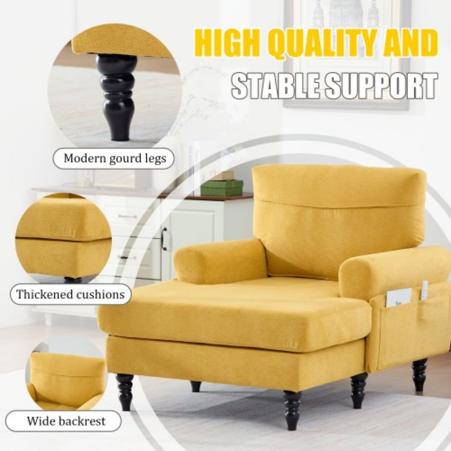 Chenille Chaise Lounge Chair, Oversized Upholstered Recliner Sofa with Wide Seat, High Density Foam Backrest, Solid Wood Legs & Side Pockets for Living Room, Bedroom, Office, Mustard yellow