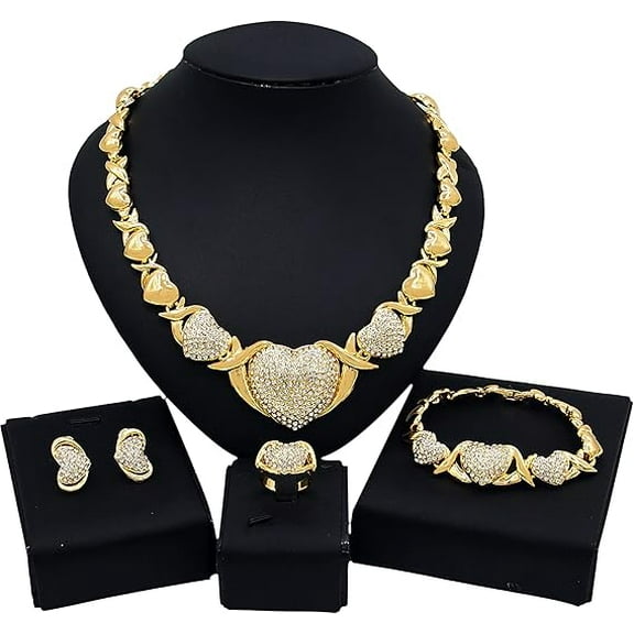 FASHION HEART PENDANT JEWELRY SET SHINY NECKLACES EARRINGS BRACELET AND RING FOUR PIECE SET ELEGANT AND ROMANTIC WOMEN'S JEWELRY GIFT