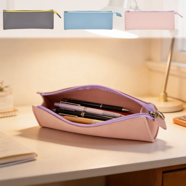 Pu Pencil Case Triangular Pencil Case Pink Artificial Leather Large Capacity Stationery Pouch Zipper Closure for Desk Storage(1Pc) by JASKFLY