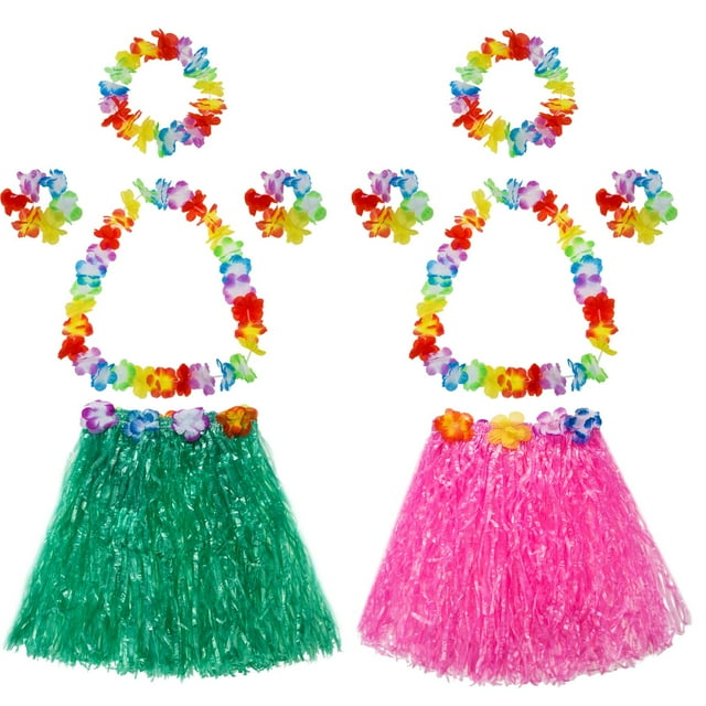 Falda elástica hawaiana de hierba Hula con disfraz de flores para fiesta, playa, baile, disfraces, multicolor, 2 juegos