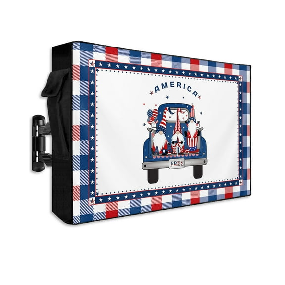 Blue Retro Truck with Independence Gnomes Outdoor TV Cover 30 to 32 Inch Waterproof, Red Blue Checker Lace 600D Oxford TV Covers with Zipper, Outside Flat TV Screen Protector 30"Wx19"Hx4.5"D