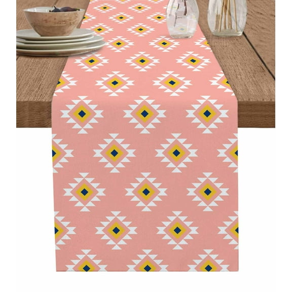ERUNPONLY Pink Boho Table Runner - 72 Inch Long Aztec Southwest Geometric Ethnic Motifs Cotton and Linen Blended Dress Scarves Farmhouse Table Runner for Kitchen Dining, Coffee Table, 14"x72"