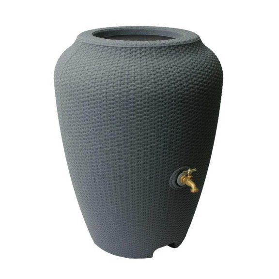 Algreen Wicker 50 Gallon Plastic Rain Water Collection Barrel Drum, Charcoal