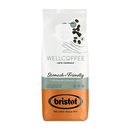 Bristot Caffeinated Wellcoffee/Dewaxed - Italian Low Acid Ground Espresso - Pleasure and Wellness - for Moka, French Press, Pour over | 7.05oz/200g