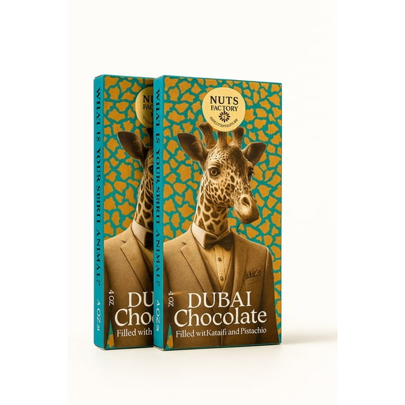 Nuts Factory Dubai Chocolate Animal Collection - The Giraffe Dubai Milk Chocolate Pistachio Bar. Ranked #1 Dubai Chocolate Bars in the World.  (2 Premium Bar Pack)
