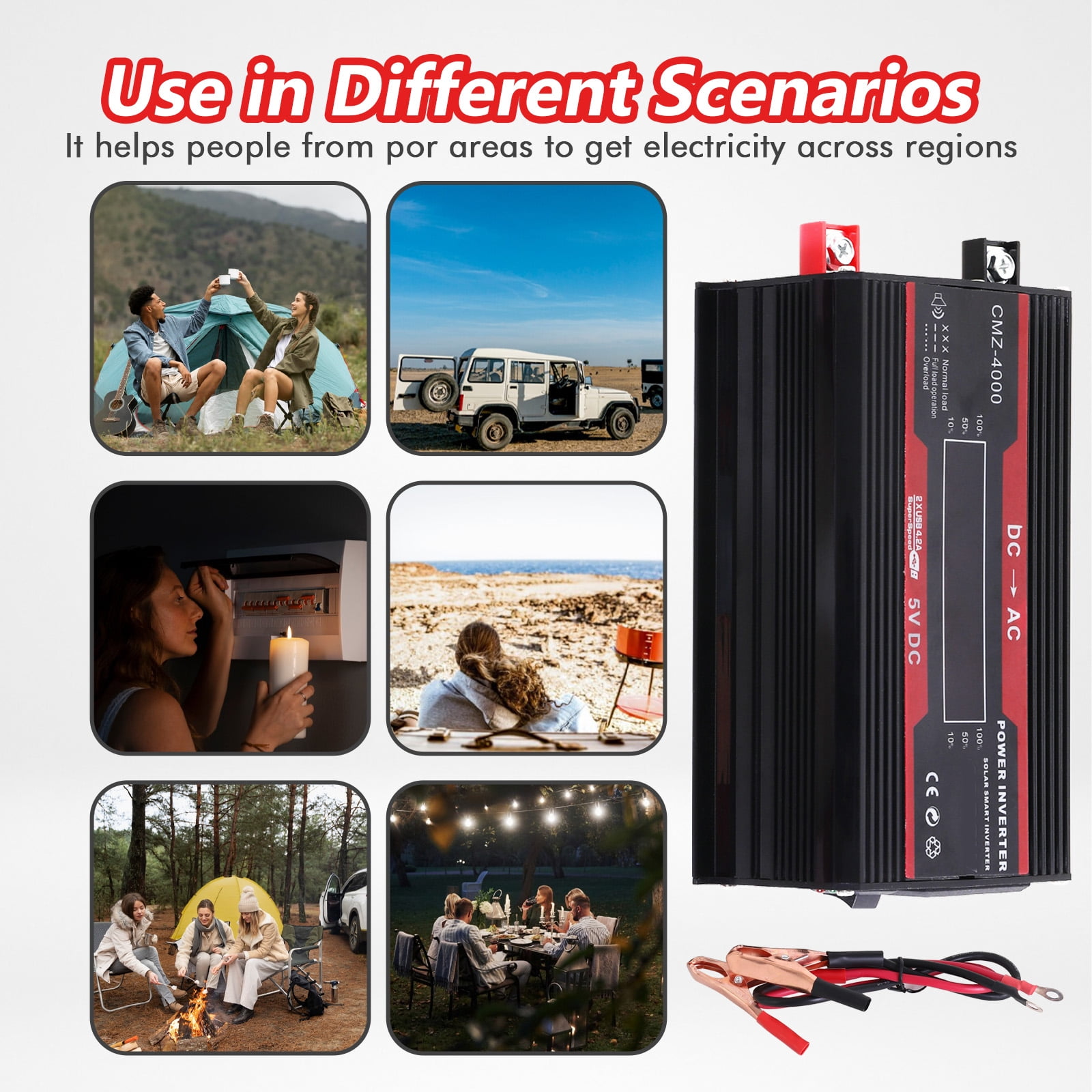 Power Inverter For Car 5000 Watts Surge Power 12V DC to 110V AC Modified Sine Wave, Power Converter for Vehicles and Outdoor Use with 3 USB Ports