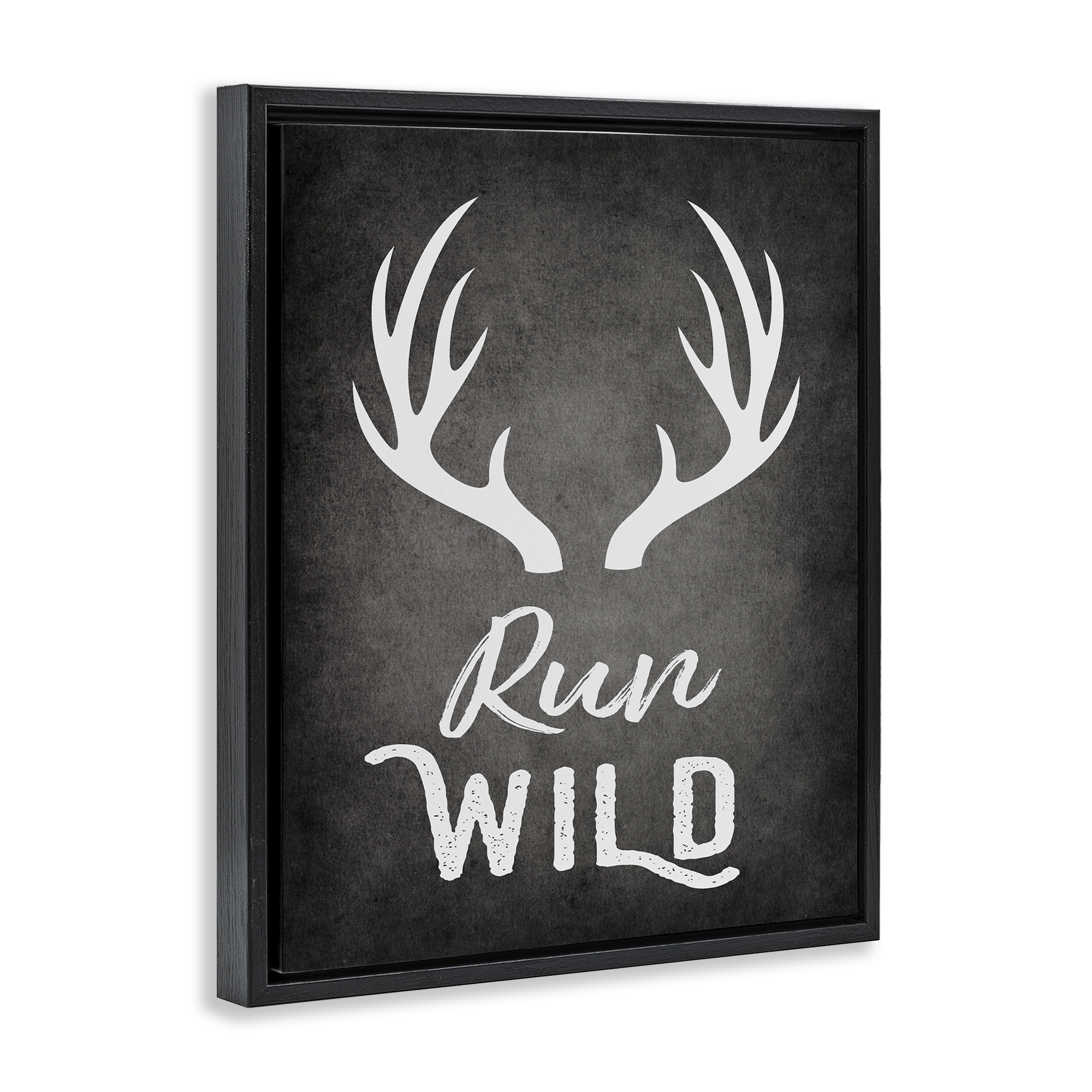 Stupell Industries Run Wild Antlers Typography Painting Black Floater Framed Canvas Art Print Wall Art, 17 x 21