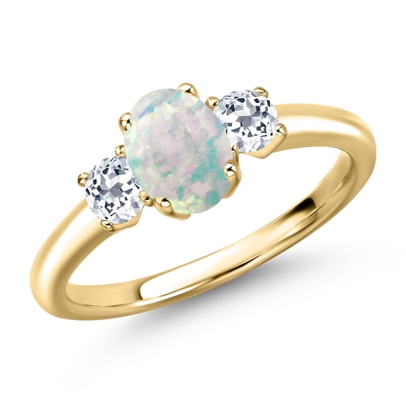 Gem Stone King 10K Yellow Gold Simulated White Opal and White Topaz Engagement Ring for Women | 1.43 Cttw | Oval Cabochon 7X5MM | Gemstone October Birthstone | Size 8