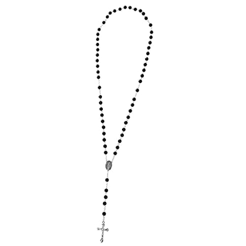 Bonarty Mens Boys Fashion Metal Cross Pendant 8mm Rosary Beads Necklace Sweater Chain - Black