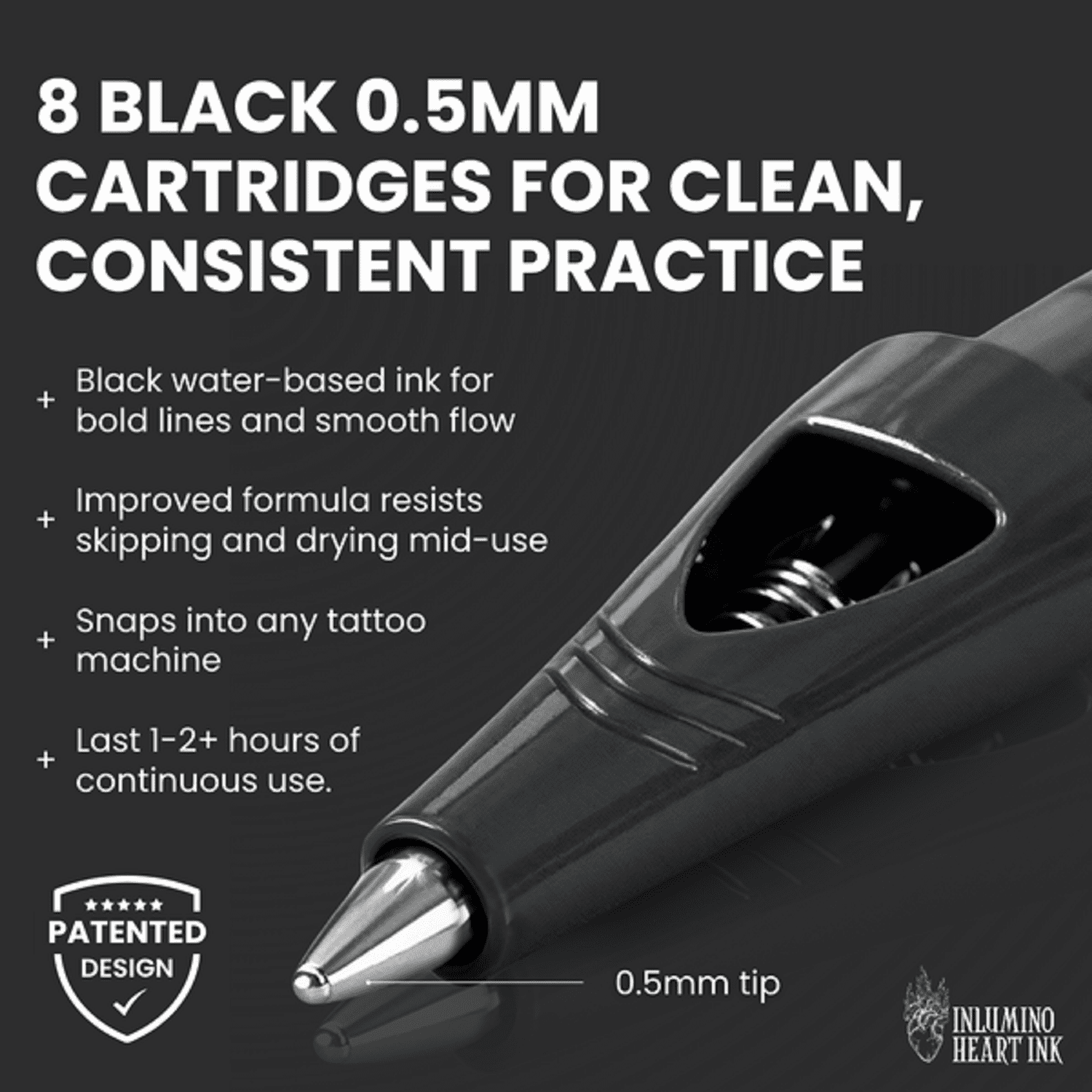 Inlumino Heart Ink Tattoo Practice Pen – Wireless Rotary Dot Pen Machine with 8 Black Ballpoint Cartridges – Tattoo Training Tool