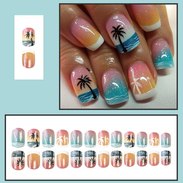 Ongles Carrés Courts Faux Éléments Roses pour Plage Été T1d8