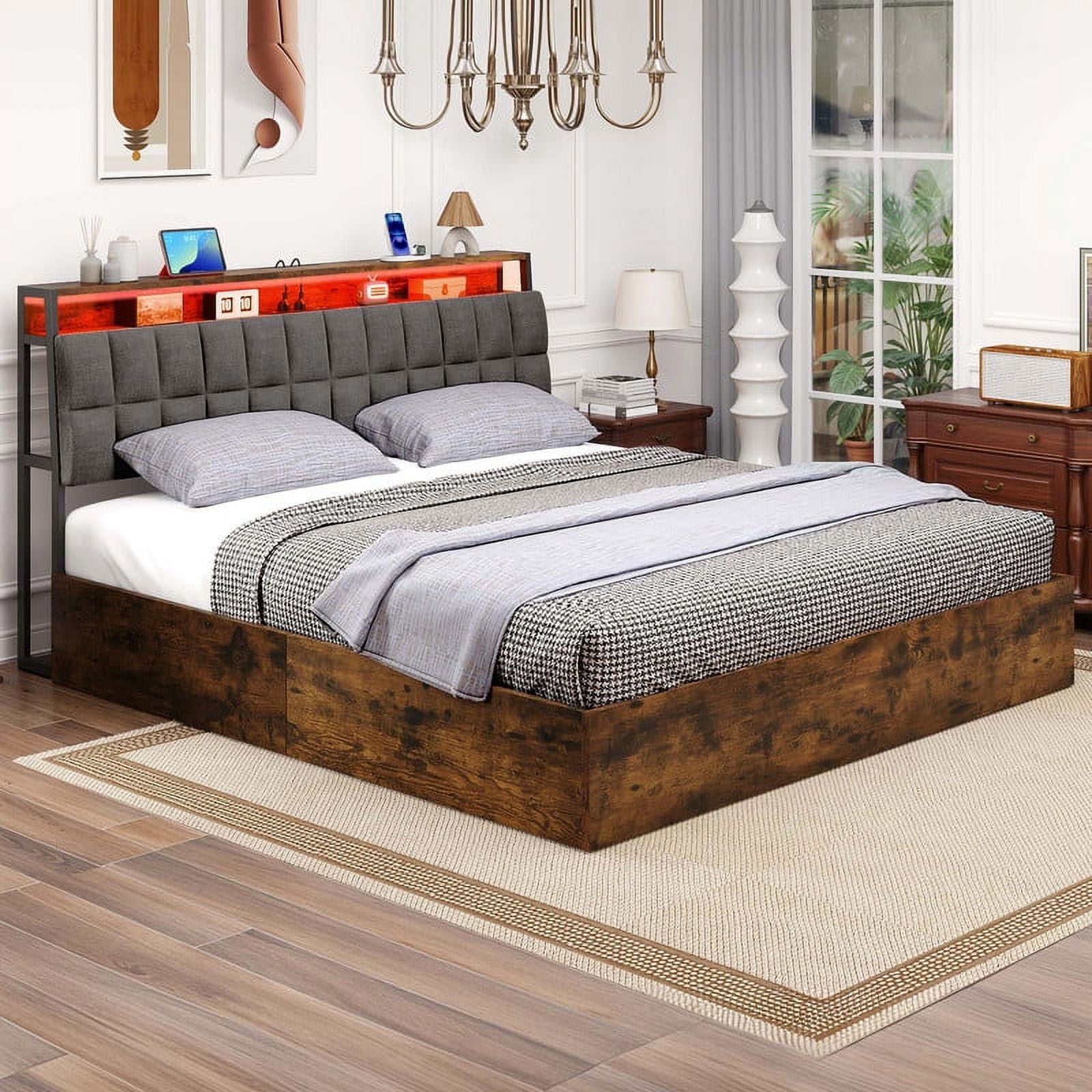 Uforic King Size Lift Up Bed Frame with Charging Station & RGB LED Lights, Upholstered Storage Bed, Noise Free, Rustic Brown