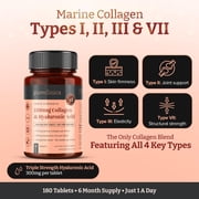 UltraColl Collagen 1200mg + Hyaluronic Acid 300mg (1500mg Total) – 180 Tablets | Up to 6-Month Supply | Marine Collagen Types I, II, III & VII | High-Strength Anti-Aging