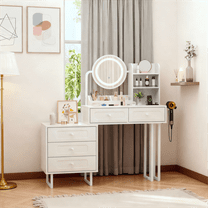 Zimtown Vanity Desk with Round Mirror, Makeup Vanity with Adjustable Lights & Large Drawers, Vanity Table for Bedroom Dressing Room, White