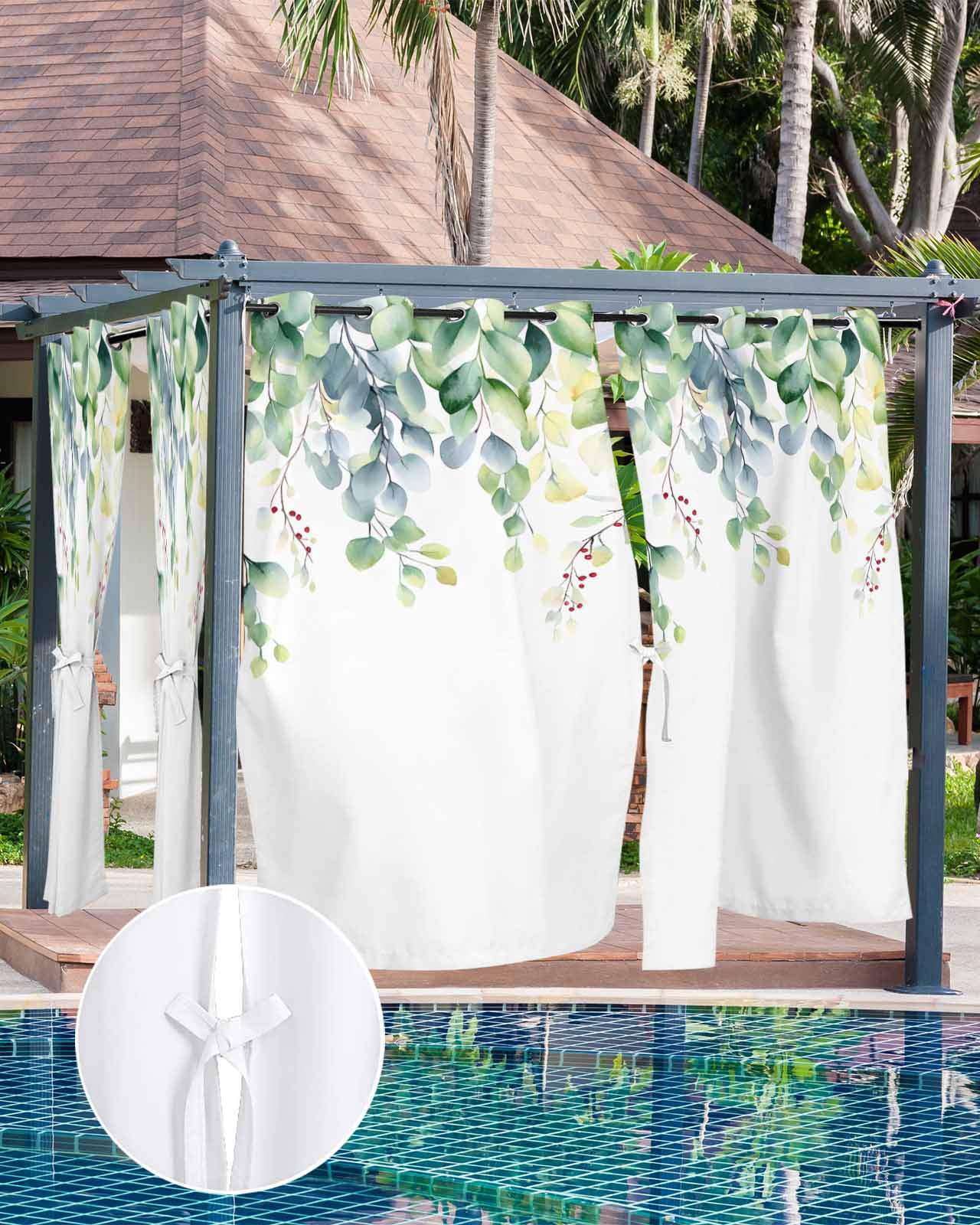 nqOlkjepod Outdoor Curtains for Patio Waterproof, Eucalyptus Outdoor Privacy Panels Grommet, Farm Leaves Boho Watercolor Leaves Spring Blackout Outside Curtains for Porch/Cabana 54"x84", 2 Panels