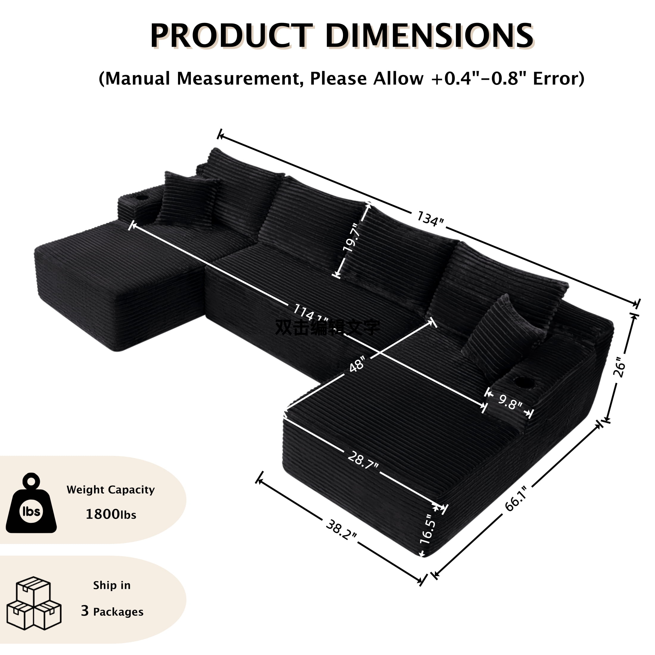 ShiKeyi 134" Modular U-Shaped Cloud Sofa, 5-Seater Corduroy Sectional Couch with Deep Seats Double Chaise & Soft Boneless Design, Black