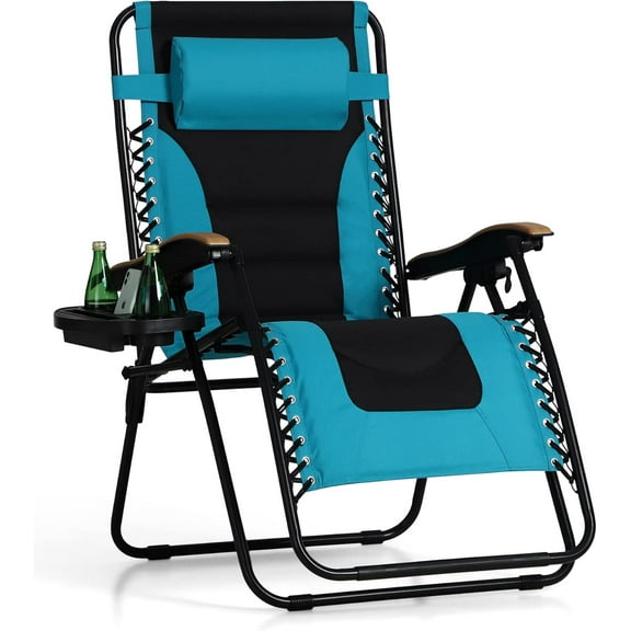 WYDK Oversized Padded Zero Gravity Chair, Foldable Patio Recliner, 30" Wide Seat Anti Gravity Lounger with Cup Holder, Support 400 LBS (Aqua)