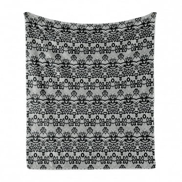 Black and White Soft Flannel Fleece Throw Blanket, Monochrome Lace Pattern with Floral Motifs and Foliage Medieval Design, Cozy Plush for Indoor and Outdoor Use, 70" x 90", Black White, by Ambesonne