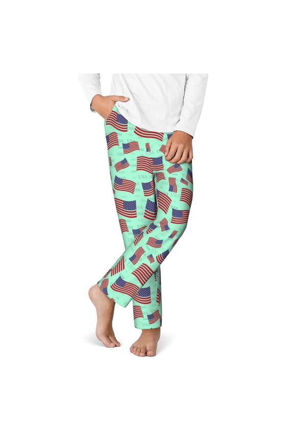 Usa Flag Print Youth Home Trousers, Elastic Waistband with Pockets for Home and Outing, Suitable for Children Aged 5-16-Medium