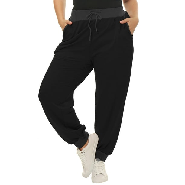Women Plus Size Drawstring Waist Contrast Color Jogger Pants 3X Black Long