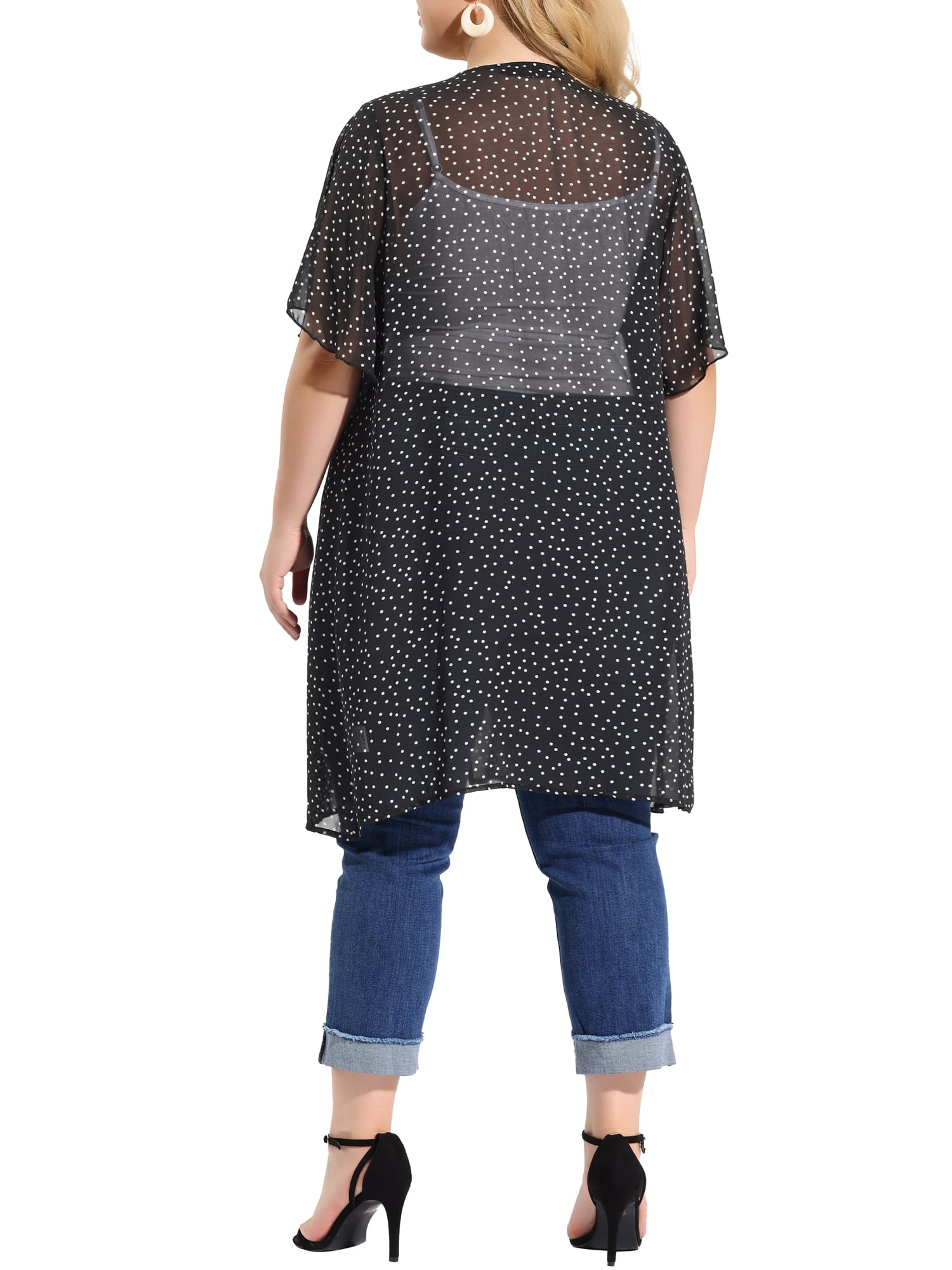 Unique Bargains Junior's Plus Size Polka Dots Bell Sleeve Female Chiffon Cardigans 1X Black
