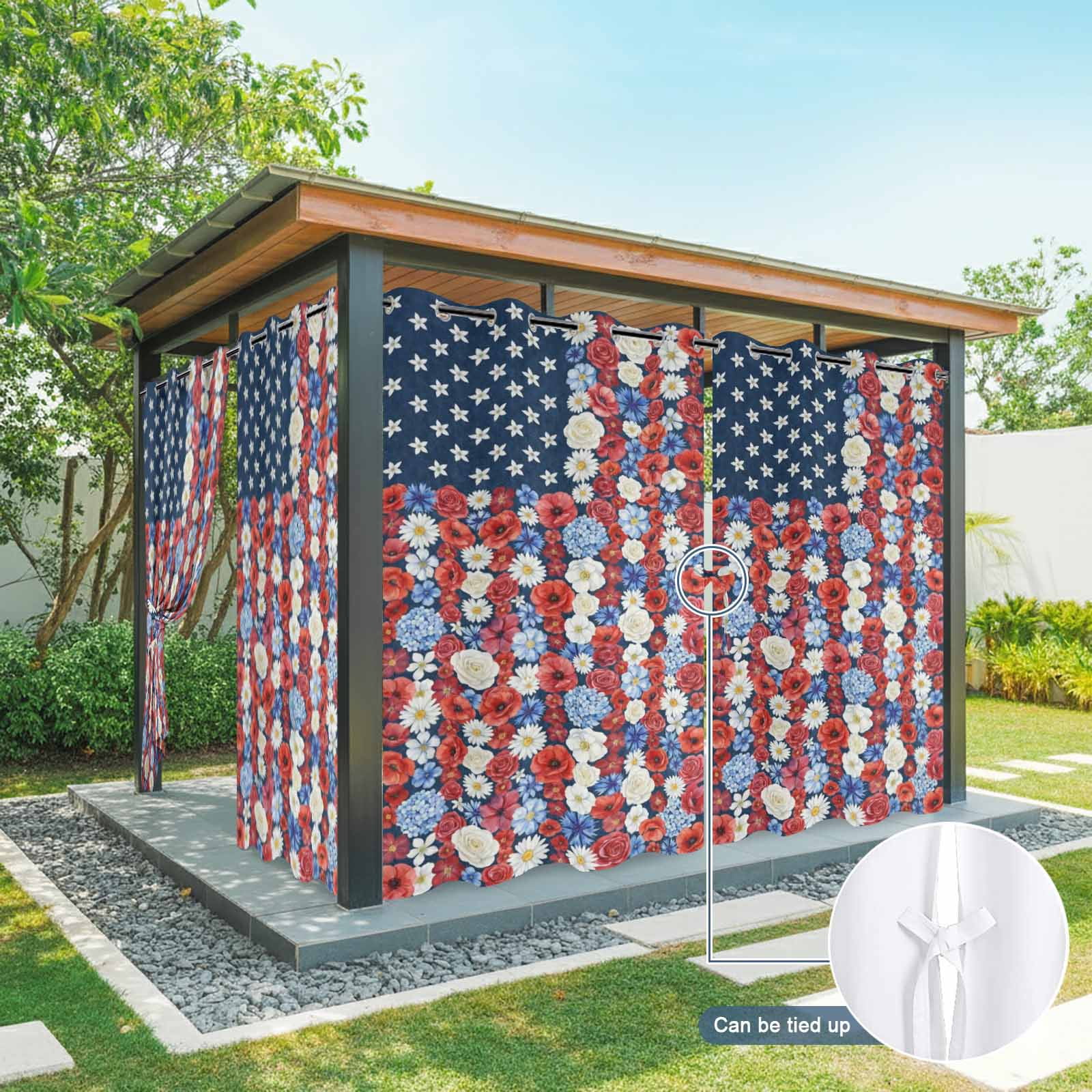 Independence Day Outdoor Curtains for Patio, Country U.S. Flag Theme Red Poppy Blue Flower Sunshade Privacy Drapes Grommet Waterproof Outside Curtains for Porch/Cabana/Balcony 54"x 108", 1 Panel