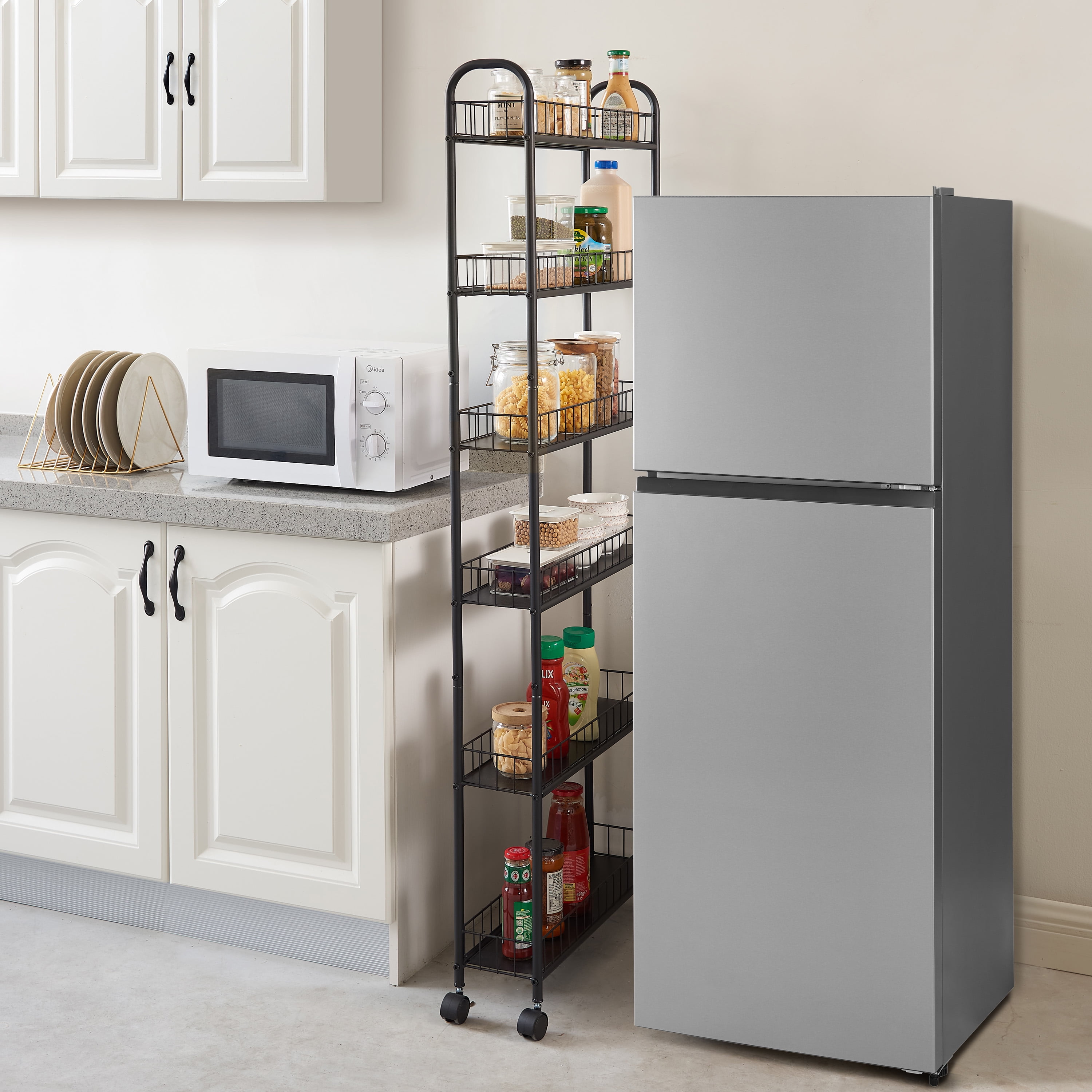 Miniyam 6-Tier Slim Rolling Cart,Narrow Slim Slide Out Storage Shelving Unit with Wheels,Kitchen,Bathroom,Garage,Laundry Room,10"D x 22.8"W x 61"H,Black
