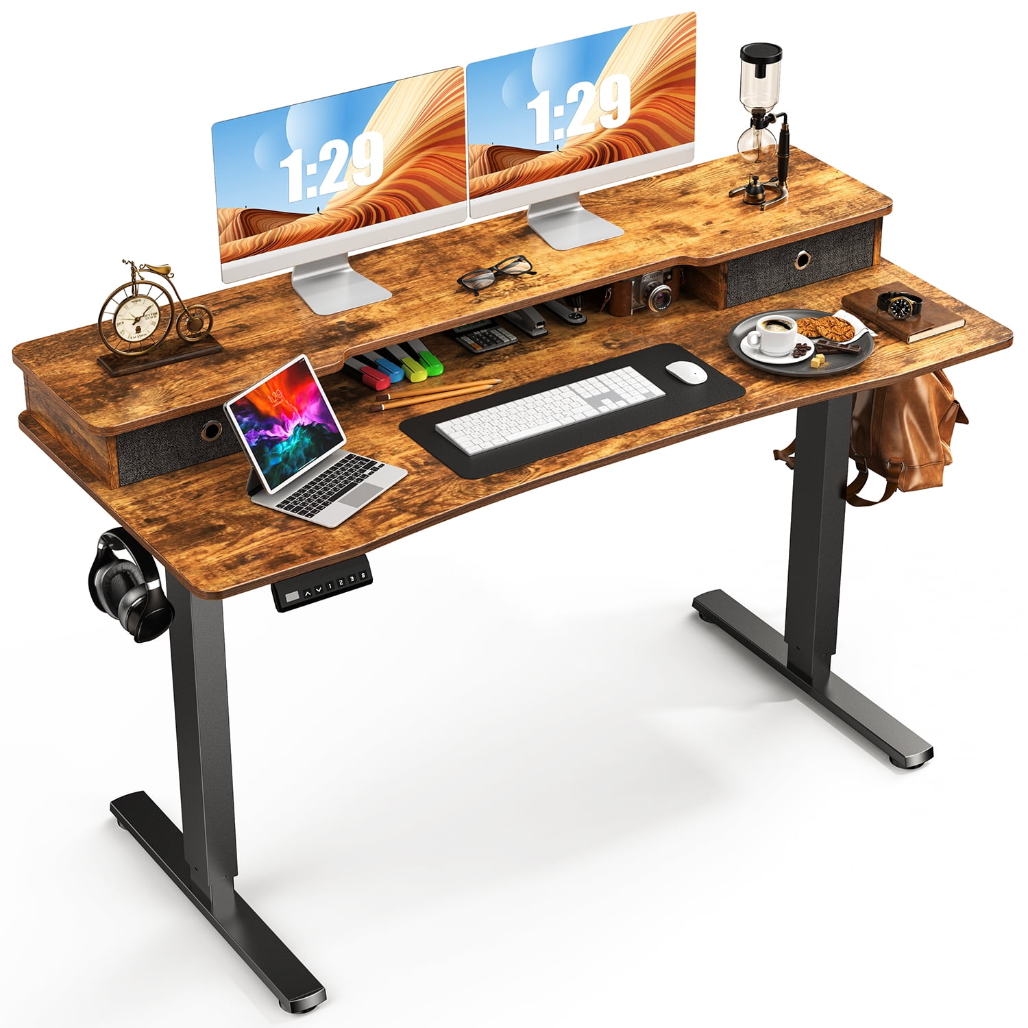 edx Electric Height Adjustable Desk with Double Drawer, 55 x 24 Inch Stand Up Table with Storage