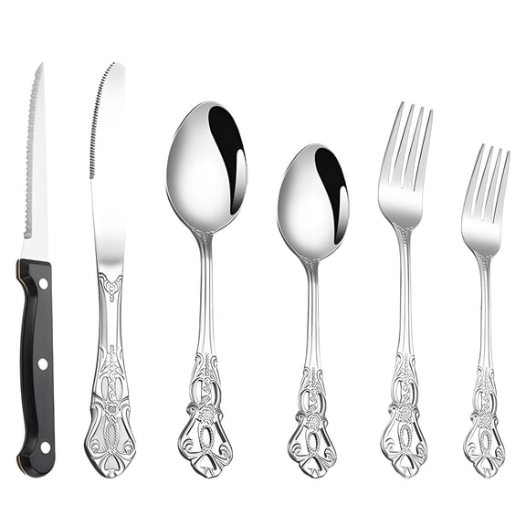 6 Pcs Stainless Steel Royal Flatware Set, Vintage Cutlery Set with Steak Knives, Forks and Spoons, Retro Silverware Embossed Detailing, Dinnerware Set for Home or Hotel