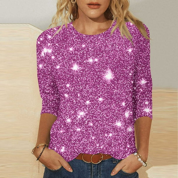 Tejiojio Women's Sequin Top Round Neck 3/4 Sleeves Sparkly Casual Party Blouse S-2XL