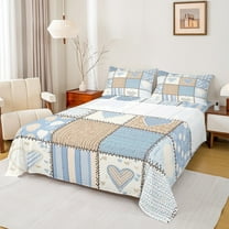 Manfei Teens Love Heart Twin Sheet Sets, Vintage Stripes Art Twin Fitted Sheet, Blue Patchwork Plaid Flat Sheet, Luxury Bedroom Decor, 3 Pieces