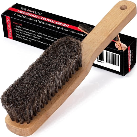 TAKAVU 10.2-inch Horsehair Shoe and Hat Brush, 100% Genuine Soft Bristle Hand Broom for Furniture and Clothing, Long Wood Handle for Cleaning Shoe Boot, 1-Pack