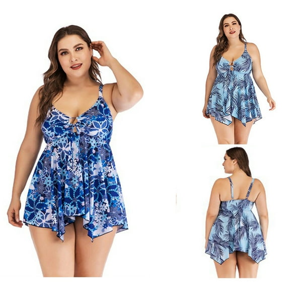 Womens Plus Size Swimsuits Bathing Suits Tummy Control Printed Swimwear  Suits, Blue-4XL 