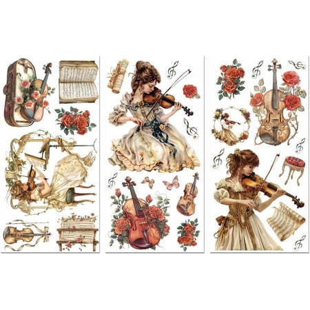 Rub on Transfer Decals for Furniture Crafts Decor 6"x12" Violin Female with Flower 3Pcs Waterproof UV DTF Transfer Decals Sticker for Dresser Glass Porcelain Wood Plastic for DIY